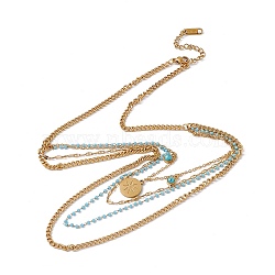 Synthetic Turquoise Sun Pendant Multi Layered Necklace with Plastic Beaded, 304 Stainless Steel Bohemia Necklace for Women, Golden, Wide: 1.6mm, 2mm and 3mm, 16.14 inch(41cm)(NJEW-P269-18B-G)