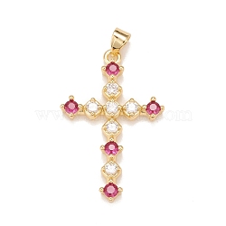 Brass Micro Pave Cubic Zirconia Pendants, Real 18K Gold Plated, Lead Free & Cadmium Free, Cross, Colorful, 33x22x4mm, Hole: 4x3mm(KK-A161-12G)