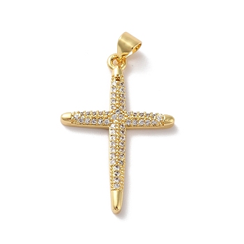 Rack Plating Brass Micro Pave Cubic Zirconia Pendants, Cadmium Free & Lead Free, Real 18K Gold Plated, Cross, Clear, 30x20x2.5mm, Hole: 4x3mm