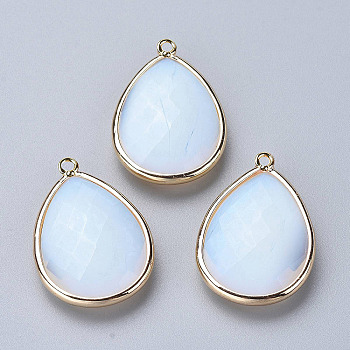 Faceted Opalite Pendants, with Light Gold Plated Brass Edge and Loop, Teardrop, 28.5~29.5x19~20x7mm, Hole: 1.2mm