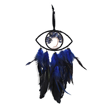 Iron Woven Web/Net with Feather Pendant Decorations, Covered with Leather, Eye with Lapis Lazuli Chip Tree of Life, Blue, 350x190mm