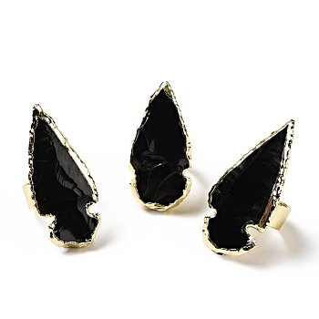 Natural Obsidian Arrow Chunky Adjustable Ring, Brass Jewelry for Women, Light Gold, Cadmium Free & Lead Free, US Size 8 1/2(18.5mm)