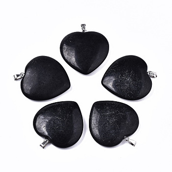 Synthetic Black Stone Pendants, with 304 Stainless Steel Snap On Bails, Heart, Stainless Steel Color, 36~37x35x7~8mm, Hole: 5x2.5mm.