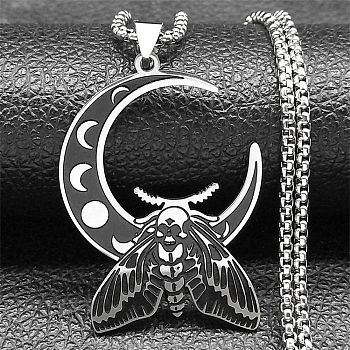 304 Stainless Steel Crescent Moon with Moth Pendant Box Chain Necklaces, Stainless Steel Color, 19.69 inch(50cm)