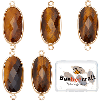 5Pcs Natural Tiger Eye Connector Charms, with Light Gold Plated Edge Brass Loops, Faceted Oval Links, 27x11x5.5mm, Hole: 2mm