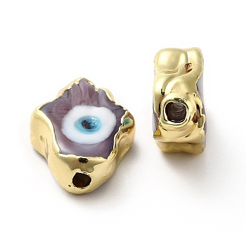 Handmade Evil Eye Lampwork Beads, with Golden Plated  Brass Edge, Long-Lasting Plated, Hamsa Hand, Medium Purple, 15~17x11.5~12.5x5~5.5mm, Hole: 1.8mm