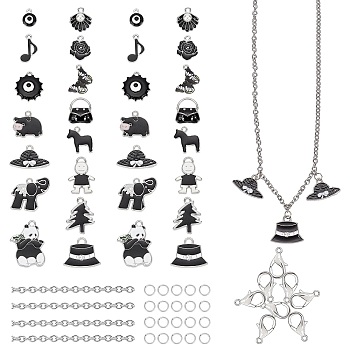 SUNNYCLUE DIY Charm Bracelet Making Kits, Including 304 Stainless Steel Cable Chains, Mixed Shapes Alloy Enamel Pendants, Alloy Lobster Claw Clasps and Iron Jump Rings, Black, Cable Chains: 5x4x1mm, 2m/box, Pendant: 30pcs/box