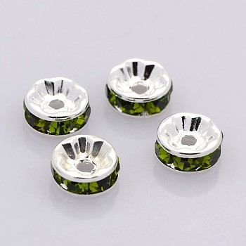 Brass Rhinestone Spacer Beads, Grade A, Straight Flange, Silver Color Plated, Rondelle, Olivine, 8x3.8mm, Hole: 1.5mm