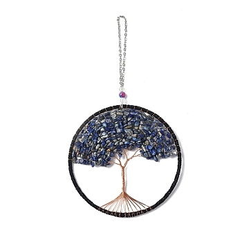 Wire Wrapped Chips Natural Lapis Lazuli Big Pendant Decorations, with Iron Chains and Imitation Leather Rope, Flat Round with Tree of Life, 295mm
