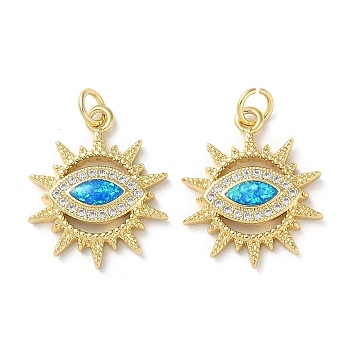 Brass Micro Pave Clear Cubic Zirconia Pendants, with Synthetic Opal and Jump Ring, Real 18K Gold Plated, Evil Eye, Sun, 21x17x3.5mm, Hole: 3.6mm