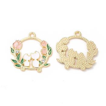 Alloy Enamel Pendants, with Rhinestone, Cadmium Free & Nickel Free & Lead Free, Golden, Flat Round with Cat & Flower Pattern, White, 25x25x1.5mm, Hole: 2mm
