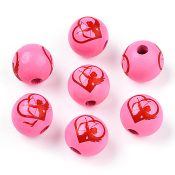 Spray Painted Wood Beads, Printed Beads, Round, Hot Pink, 15~16x14~15mm, Hole: 3~4mm