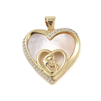 Brass Micro Pave Clear Cubic Zirconia Pendants, with Shell Charms, Mother's Day Collection, Real 18K Gold Plated, Heart, 21.5x21x3.5mm, Hole: 3.5x4mm