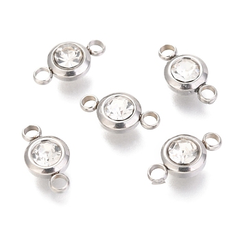 304 Stainless Steel Rhinestone Links Connectors, Flat Round, Stainless Steel Color, Crystal, 12x6.5x4mm, Hole: 2mm