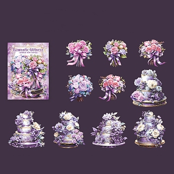 10 Style Waterproof PET Stickers Set, Decorative Stickers, Romantic Witness Series Bouquet Cake Theme, Purple, 60~80x56~77x0.1mm