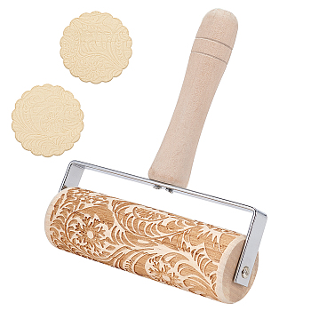 Paisley Pattern Wood with Stainless Steel Rolling Pin, Dough Roller for Baking Pastry Pizza Embossed Cookies, Kitchen Tool, Moccasin, 17.4x15.25x4.2cm