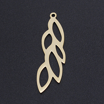 201 Stainless Steel Pendants, Leaf, Hollow, Golden, 37x11x1mm, Hole: 1.5mm