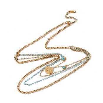 Synthetic Turquoise Sun Pendant Multi Layered Necklace with Plastic Beaded, 304 Stainless Steel Bohemia Necklace for Women, Golden, Wide: 1.6mm, 2mm and 3mm, 16.14 inch(41cm)