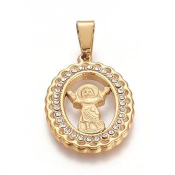 Religion Theme, 304 Stainless Steel Pendants, with Crystal Rhinestone, Oval with Jesus, Golden, 25x17x2mm, Hole: 6x4mm