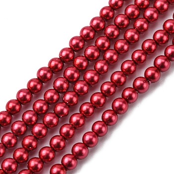 Grade A Glass Pearl Beads, Pearlized, Round, FireBrick, 4mm, Hole: 0.7~1.1mm, about 100pcs/Strand, 16''(40.64cm)