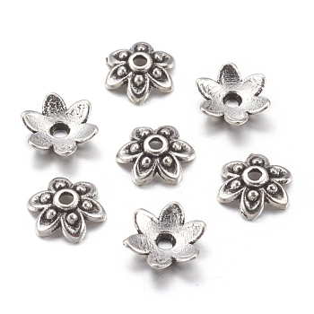 Tibetan Style Alloy Bead Caps, Lead Free and Cadmium Free, Round, Antique Silver, about 9mm in diameter, 3mm thick, hole: 1mm