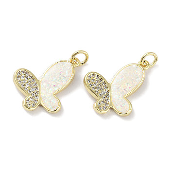 Brass Micro Pave Clear Cubic Zirconia Pendants, with Synthetic Opal and Jump Rings, Real 18K Gold Plated, Butterfly Charms, White, 19x14.5x3mm, Hole: 3mm