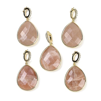 Natural Sunstone Faceted Teardrop Pendants, Rack Plating Brass Micro Pave Clear Cubic Zirconia Charms, Golden, 27x20x6.5mm, Hole: 6.5x4.5mm