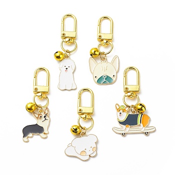 Enamel Dog Brass Bell Pendant Decorations, Alloy Swivel Clasps Charms, for Keychain, Purse, Backpack Ornament, Mixed Color, 56~63mm, 5 styles, 1pc/style, 5pcs/set
