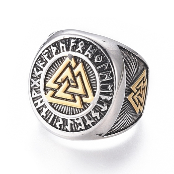 304 Stainless Steel Signet Rings for Men, Wide Band Rings, Viking Valknut Symbol, Antique Silver & Antique Golden, Size 7~12, 17~22mm