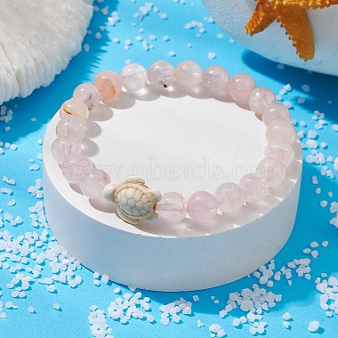 Natural Rose Quartz Round & Synthetic Turquoise Turtle Beaded Stretch Bracelet for Women(BJEW-JB09700-02)-2