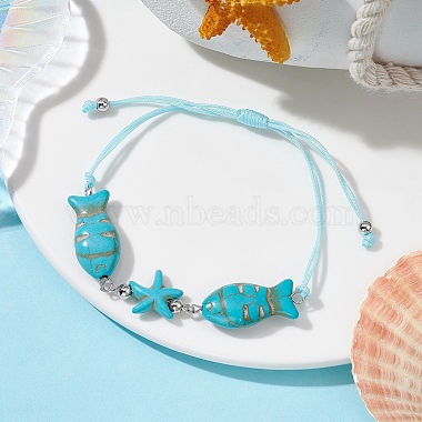 Fish & Starfish Synthetic Turquoise Braided Bead Bracelets(BJEW-JB09820)-4