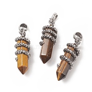 Natural Tiger Eye Double Terminal Pointed Pendants, Faceted Bullet Charms with Antique Silver Tone Alloy Dragon Wrapped, 47x14.5x15mm, Hole: 7.5x6.5mm(G-C051-02E)
