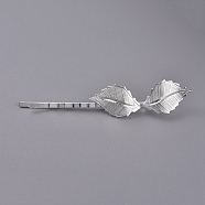 Iron Hair Bobby Pins, with Brass Findings, Silver Color Plated, 72x4.5mm, Leaf: 42x14mm(IFIN-L035-04S)