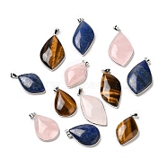 Natural Mixed Gemstone Pendants, Leaf Charms, with Rack Plating Platinum Plated Brass Findings, Cadmium Free & Lead Free, 35.5~46.5x22~27x6.5~8.5mm, Hole: 5.4x4mm(G-R486-03P)