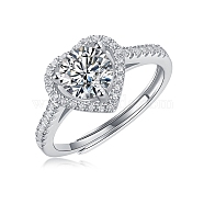 Rhodium Plated 925 Sterling Silver Micro Pave Cubic Zirconia Adjustable Rings, Clear Heart Moissanite Rhinestone Finger Rings for Women, Platinum, 10.2x9.5mm, Inner Diameter: 17mm(AJEW-U007-20P)