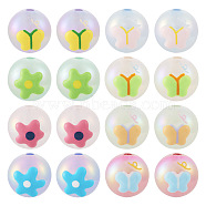 16Pcs 8 Styles UV Plating Rainbow Iridescent Acrylic Beads, with Enamel, Round with Butterfly & Flower, Mixed Color, 17x16x15.5mm, Hole: 2.8mm, 2pcs/style(PACR-TA0001-07)