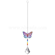 Metal Animal Hanging Ornaments, Teardrop & Rainbow Color Glass Suncatchers for Home Outdoor Decoration, Butterfly, 365x65mm(PW-WG55138-10)