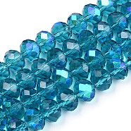 Electroplate Glass Beads Strands, Half Rainbow Plated, Faceted, Rondelle, Steel Blue, 10x8mm, Hole: 1mm, about 63~65pcs/strand, 19.2~20 inch(48~50cm)(EGLA-A034-T10mm-L25)