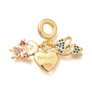 Brass Cubic Zirconia Boy & Heart & Girl European Dangle Charms, Large Hole Pendants, Real 18K Gold Plated, 30mm, Hole: 5mm(KK-U048-24G)