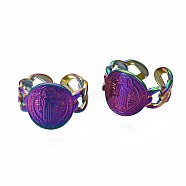 Oval with Jesus Cuff Rings, Rainbow Color 304 Stainless Steel Wide Open Rings for Women, US Size 9 3/4(19.5mm)(RJEW-N038-013)