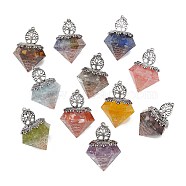 Natural Mixed Stone Pendants, Faceted Diamond Charms, with Rack Plating Antique Silver Tone Alloy Tree of Life, Cadmium Free & Lead Free, Mixed Dyed and Undyed, 41.5x29.5x29.5mm, Hole: 4mm(G-P491-01AS)
