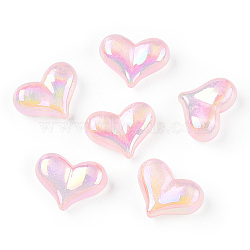 UV Plating Rainbow Iridescent Acrylic Beads, with Glitter Powder, Heart, Pink, 16.5x22.5x9mm, Hole: 1.6mm(OACR-C010-01E)