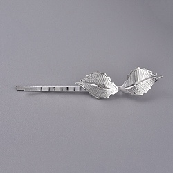 Iron Hair Bobby Pins, with Brass Findings, Silver Color Plated, 72x4.5mm, Leaf: 42x14mm(IFIN-L035-04S)
