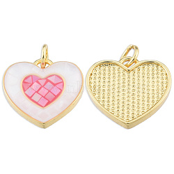 Brass Enamel Pendants, with Jump Rings and Shell, Real 18K Gold Plated, Nickel Free, Heart, Hot Pink, 15x16x3.5mm, Jump Ring: 5x1mm, 3mm inner diameter(KK-N227-97G)