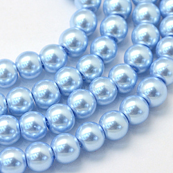 Baking Painted Pearlized Glass Pearl Round Bead Strands, Sky Blue, 8~9mm, Hole: 1mm, about 105pcs/strand, 31.4 inch(HY-Q330-8mm-24)