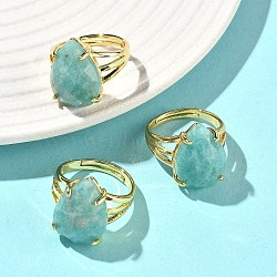 Brass Cuff Open Rings, with Natural Amazonite, Teardrop, Faceted, Rack Plating, Long-Lasting Plated, Golden, 18mm(RJEW-D347-04G-12)