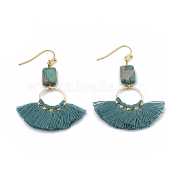 Nylon Tassels Dangle Earrings, with Natural Regalite/Imperial Jasper/Sea Sediment Jasper and Iron Findings, Teal, 56~57mm, Pin: 0.7mm, Pendant: 28~30x40~41mm(EJEW-S202-005A)
