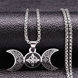 Triple Moon Goddess 304 Stainless Steel Pendant Necklaces, with Enamel, Stainless Steel Color, 23.31 inch(59.2cm)(NJEW-K253-27P)