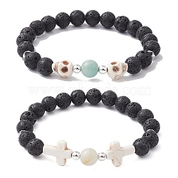2Pcs 2 Style Skull & Cross & Round Natural & Synthetic Mixed Gemstone Beaded Stretch Bracelets Set, Stackable Bracelets, Inner Diameter: 2-3/8 inch(6cm), 1Pc/style(BJEW-JB09519)