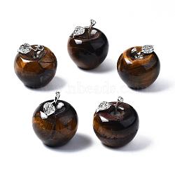 Natural Tiger Eye Display Decorations, with Platinum Tone Alloy Findings and Rhinestone, Cadmium Free & Nickel Free & Lead Free, Apple, 37~39.5x35mm(G-T113-20A)